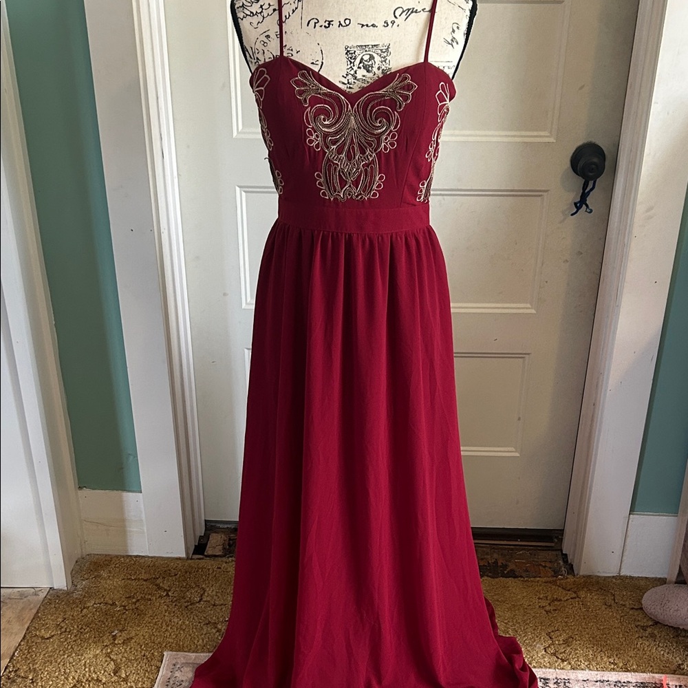 Soieblu Strapless Dress in Rich Burgundy with Embroidery